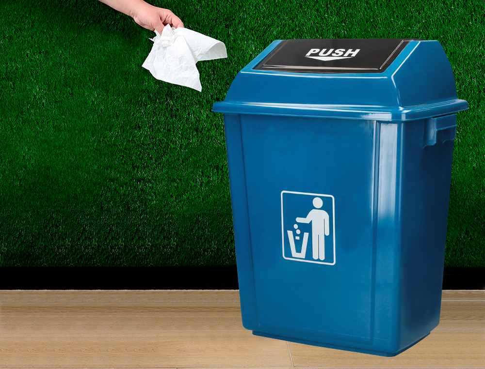 POUBELLE Q-CONNECT PLASTIQUE COUVERCLE BASCULANT 58L       470X330X760MM COLORIS BLEU