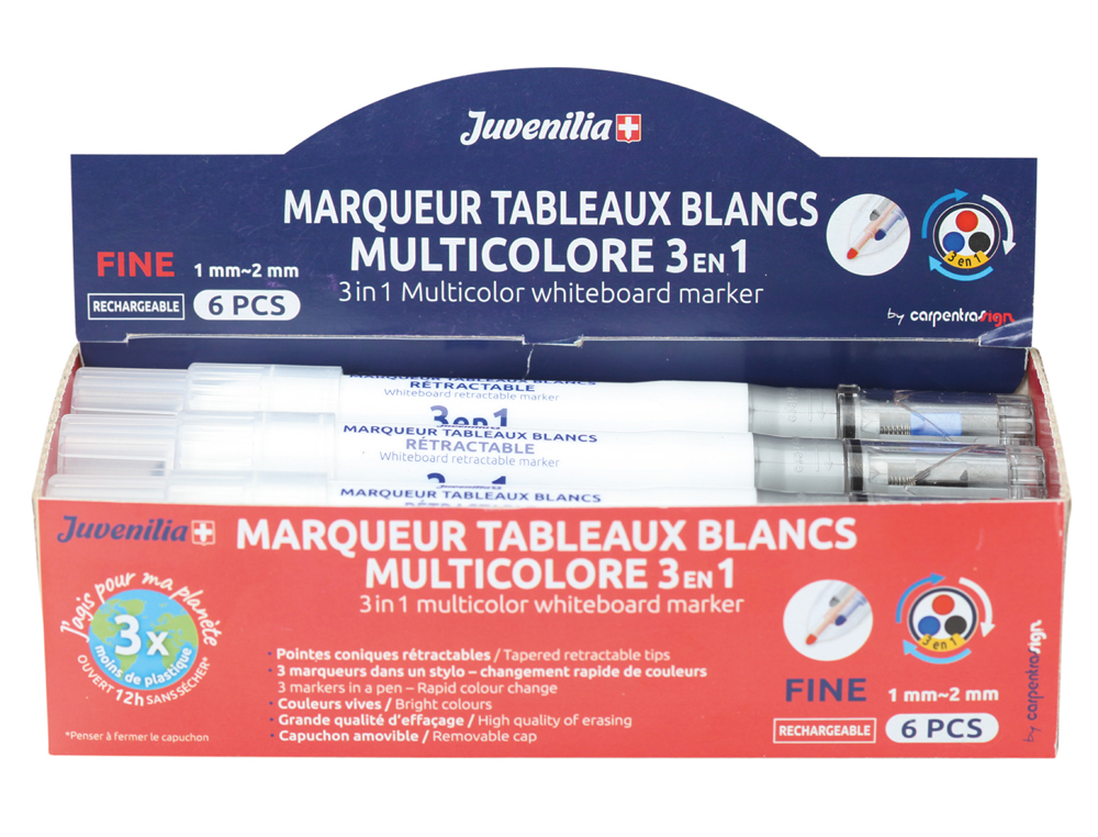 MARQUEUR JUVENILIA EFFACABLE TABLEAU BLANC MULTICOLORE 3   EN 1 RECHARGEABLE POINTE FINE CONIQUE RETRACTABLE