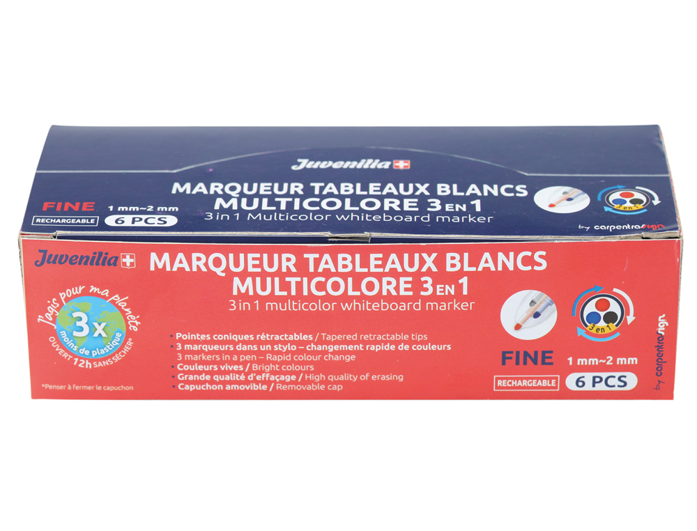 MARQUEUR JUVENILIA EFFACABLE TABLEAU BLANC MULTICOLORE 3   EN 1 RECHARGEABLE POINTE FINE CONIQUE RETRACTABLE