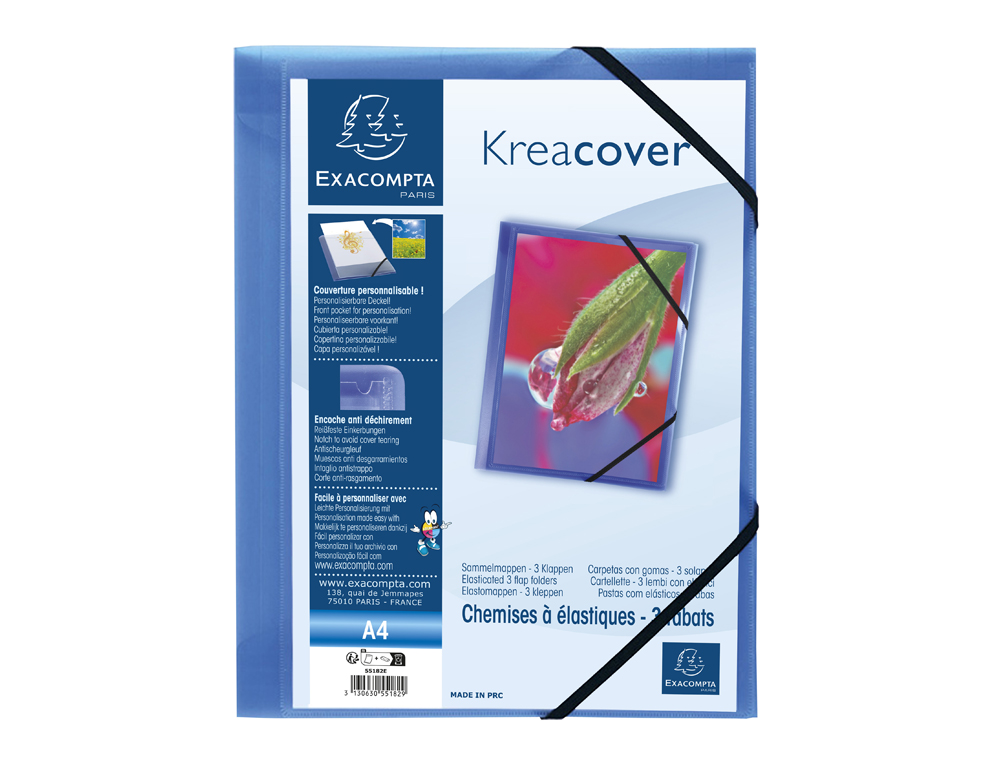 CHEMISE 3 RABATS EXACOMPTA KREA COVER A4 COUVERTURE PERSONNALISABLE PP TRANSPARENT COLORIS BLEU