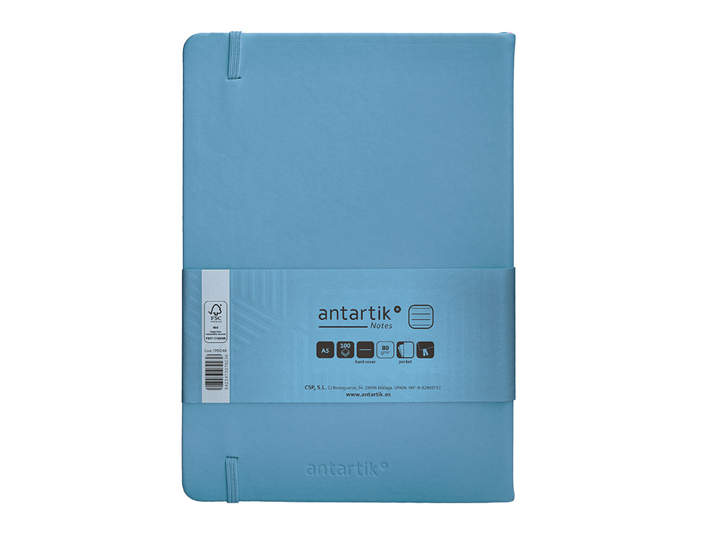 CARNET FERMETURE ELASTIQUE ANTARTIK NOTES COUVERTURE     RIGIDE A5 LIGNE 100 FEUILLES  80GR FSC COLORIS BLEU CIEL
