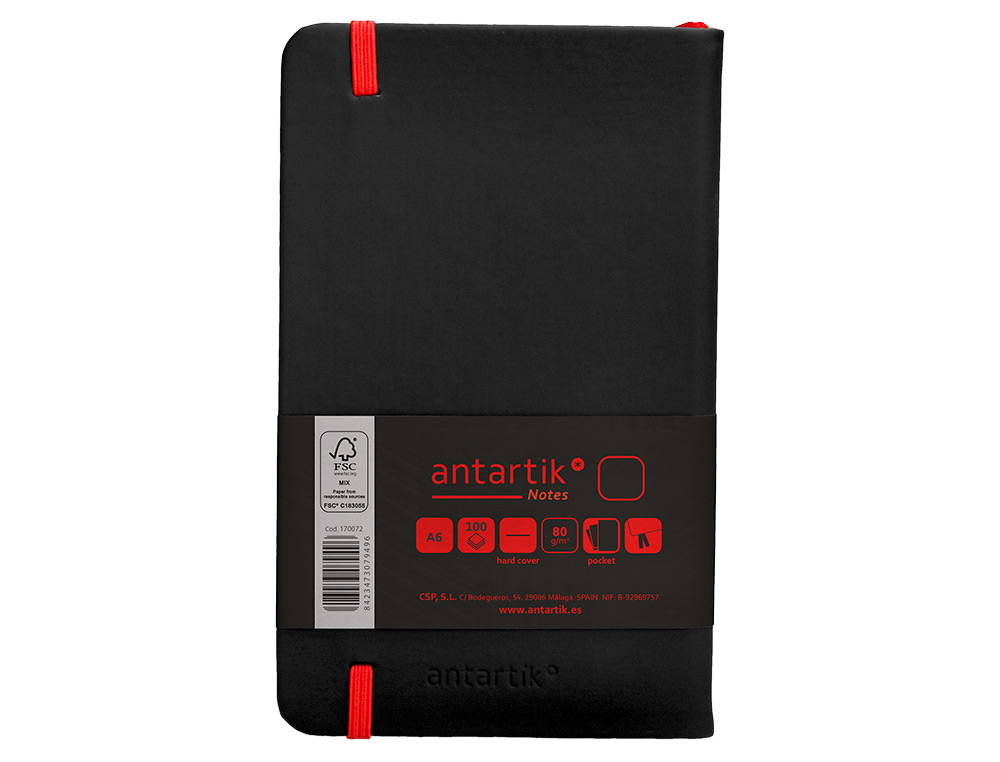 CARNET FERMETURE ELASTIQUE ROUGE ANTARTIK NOTES COUVERTURE RIGIDE A6 PAPIER UNI IVOIRE 100 FEUILLES 80GR FSC NOIR