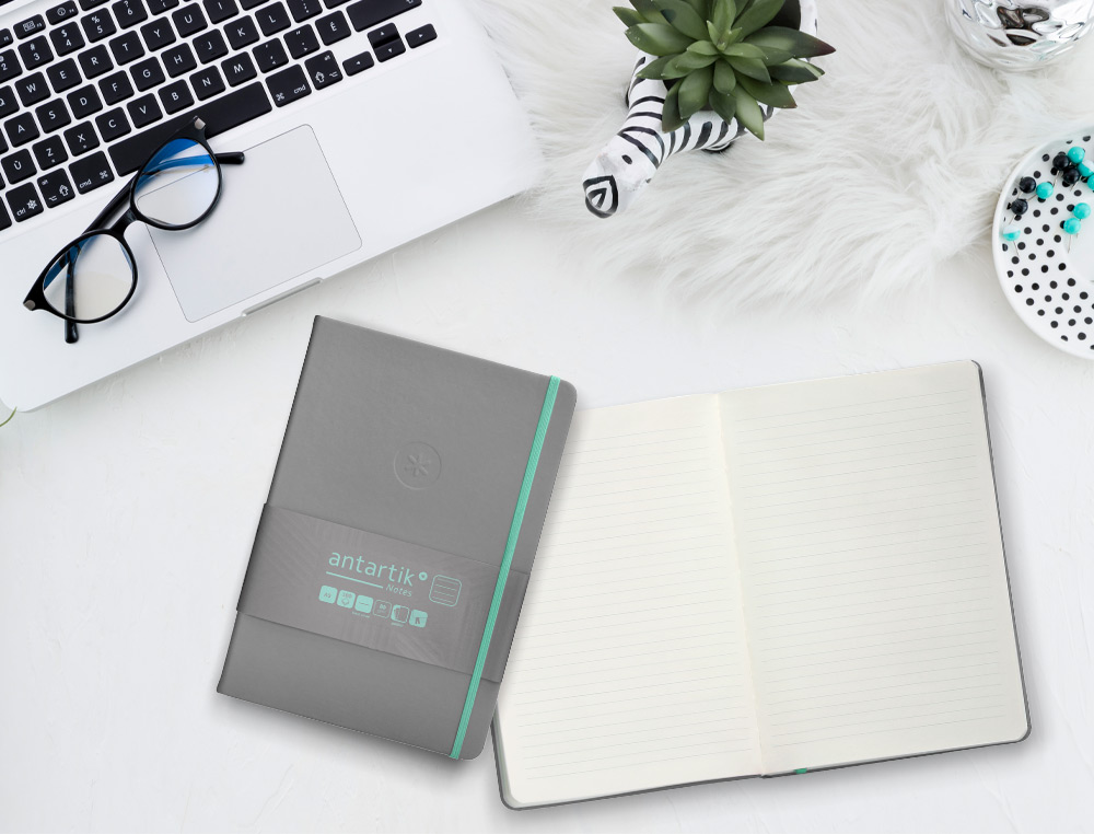CARNET FERMETURE ELASTIQUE TURQUOISE ANTARTIK NOTES COUVERTURE RIGIDE A5 LIGNE 100FEUILLES 80GR FSC COLORIS GRIS