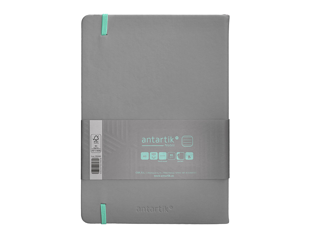 CARNET FERMETURE ELASTIQUE TURQUOISE ANTARTIK NOTES COUVERTURE RIGIDE A5 LIGNE 100FEUILLES 80GR FSC COLORIS GRIS