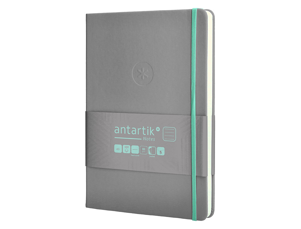 CARNET FERMETURE ELASTIQUE TURQUOISE ANTARTIK NOTES COUVERTURE RIGIDE A5 LIGNE 100FEUILLES 80GR FSC COLORIS GRIS