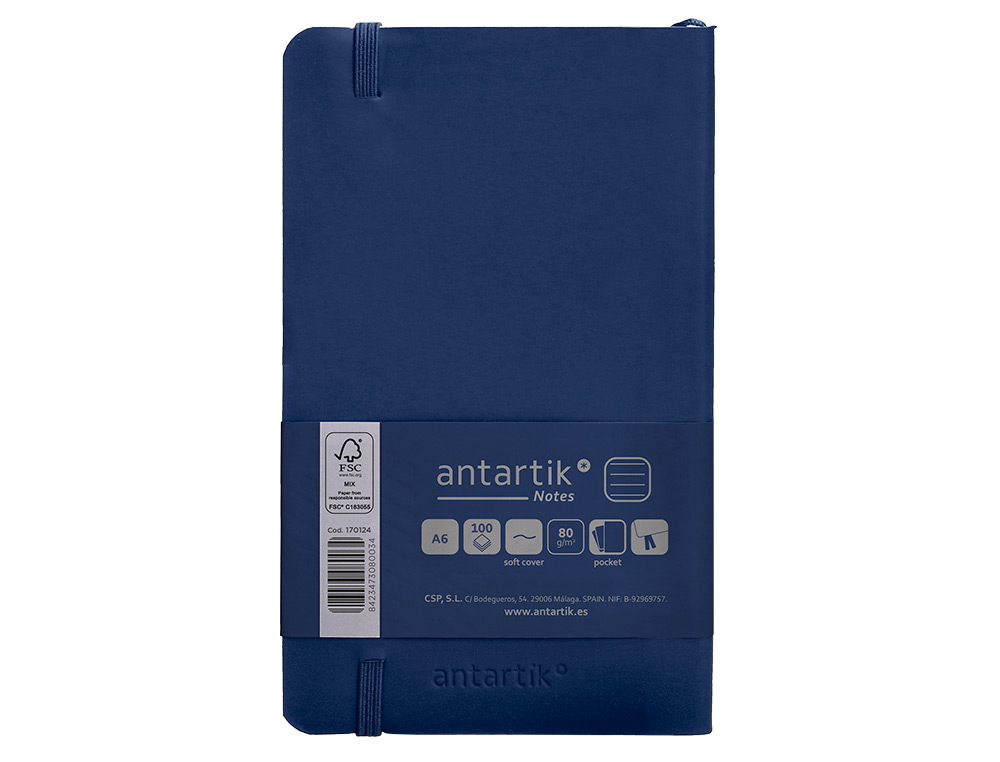 CARNET FERMETURE ELASTIQUE ANTARTIK NOTES COUVERTURE SOUPLE A6 LIGNE 100 FEUILLES 80GR FSC COLORIS BLEU MARINE