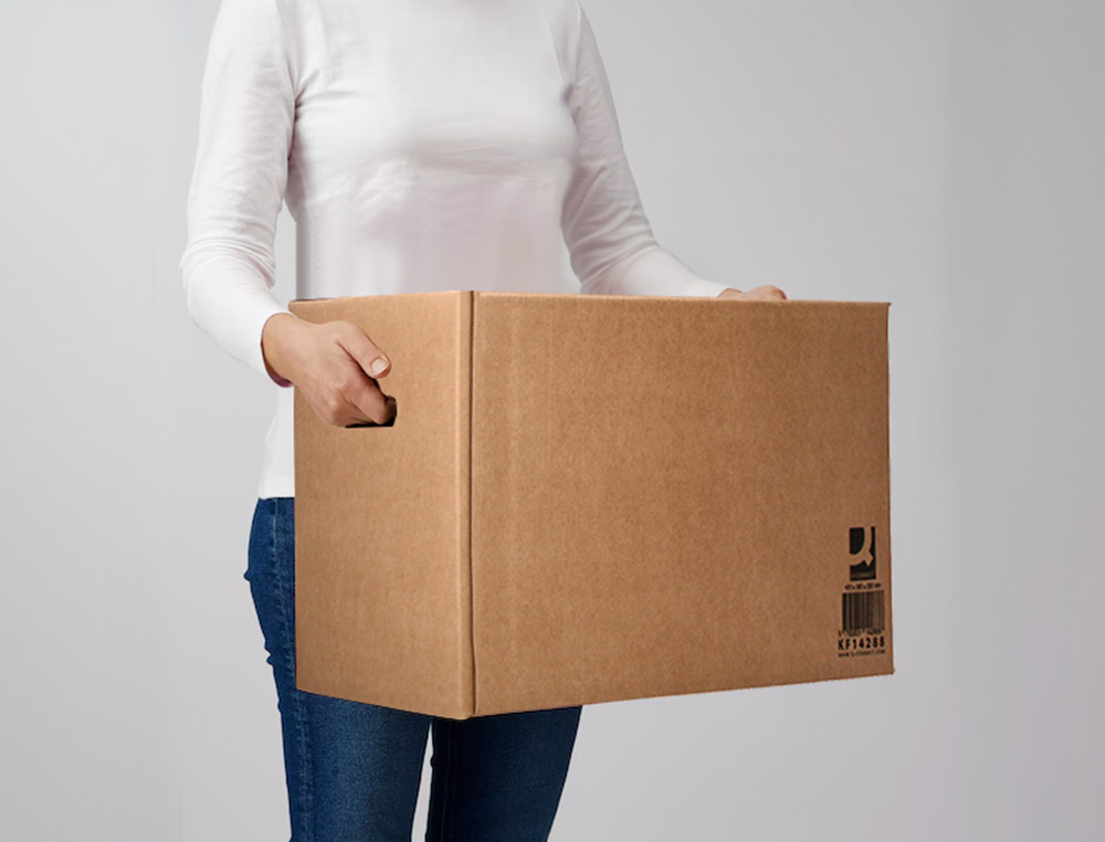 CAISSE AMERICAINE Q-CONNECT AVEC POIGNEES CARTON RECYCLE CANNELURE 5MM 500X340X310MM COLORIS KRAFT