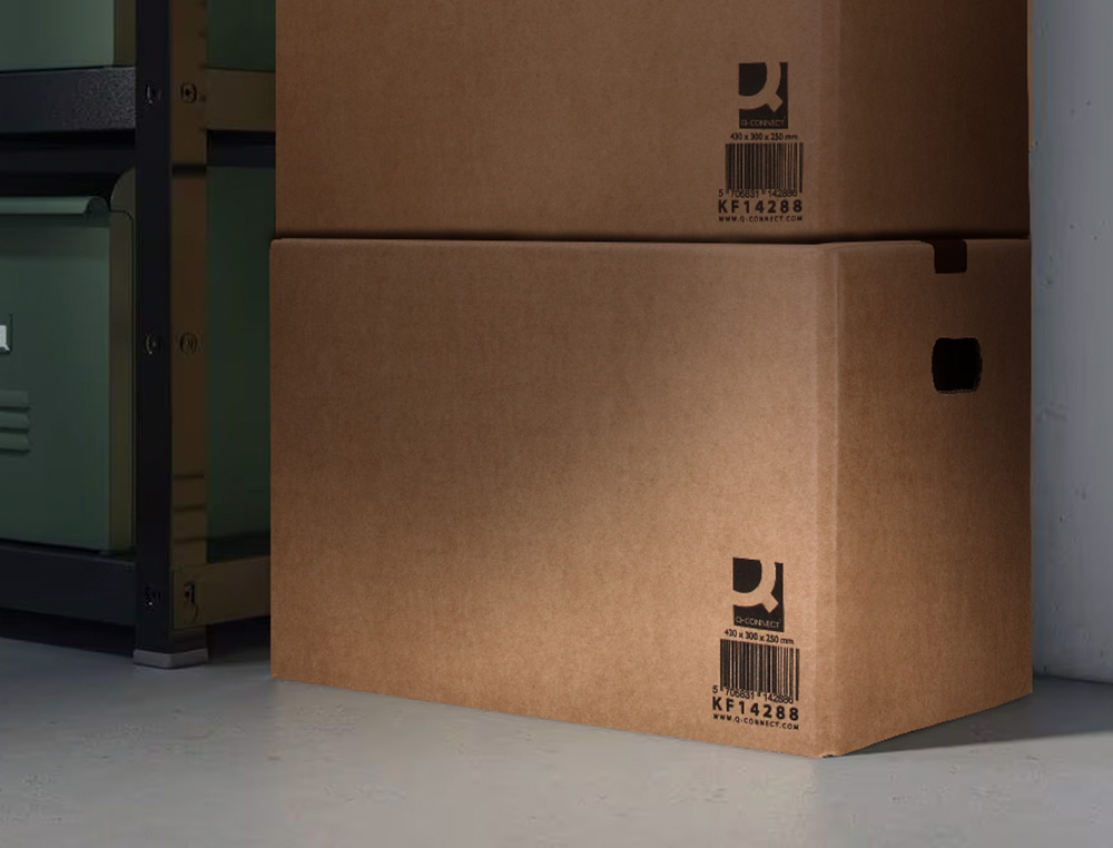CAISSE AMERICAINE Q-CONNECT AVEC POIGNEES CARTON RECYCLE CANNELURE 5MM 500X340X310MM COLORIS KRAFT