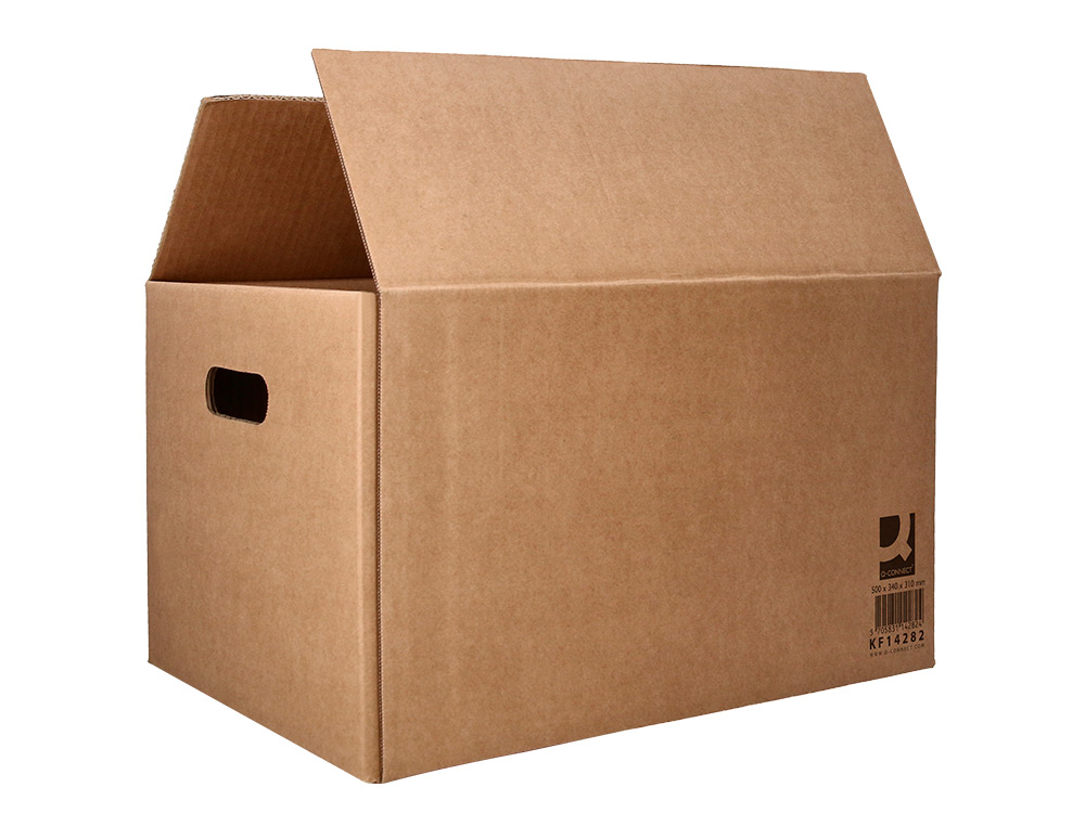 CAISSE AMERICAINE Q-CONNECT AVEC POIGNEES CARTON RECYCLE CANNELURE 5MM 500X340X310MM COLORIS KRAFT