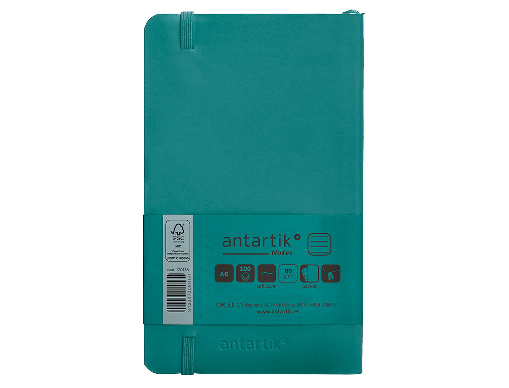 CARNET FERMETURE ELASTIQUE ANTARTIK NOTES COUVERTURE     SOUPLE A6 LIGNE 100 FEUILLES  80GR FSC COLORIS VERT PAON