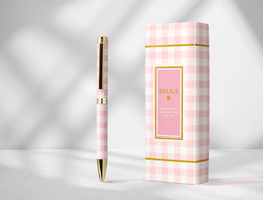 STYLO-BILLE BELIUS PICNIC ALUMINIUM ENCRE BLEUE COLORIS ROSE DORE BOITE DESIGN