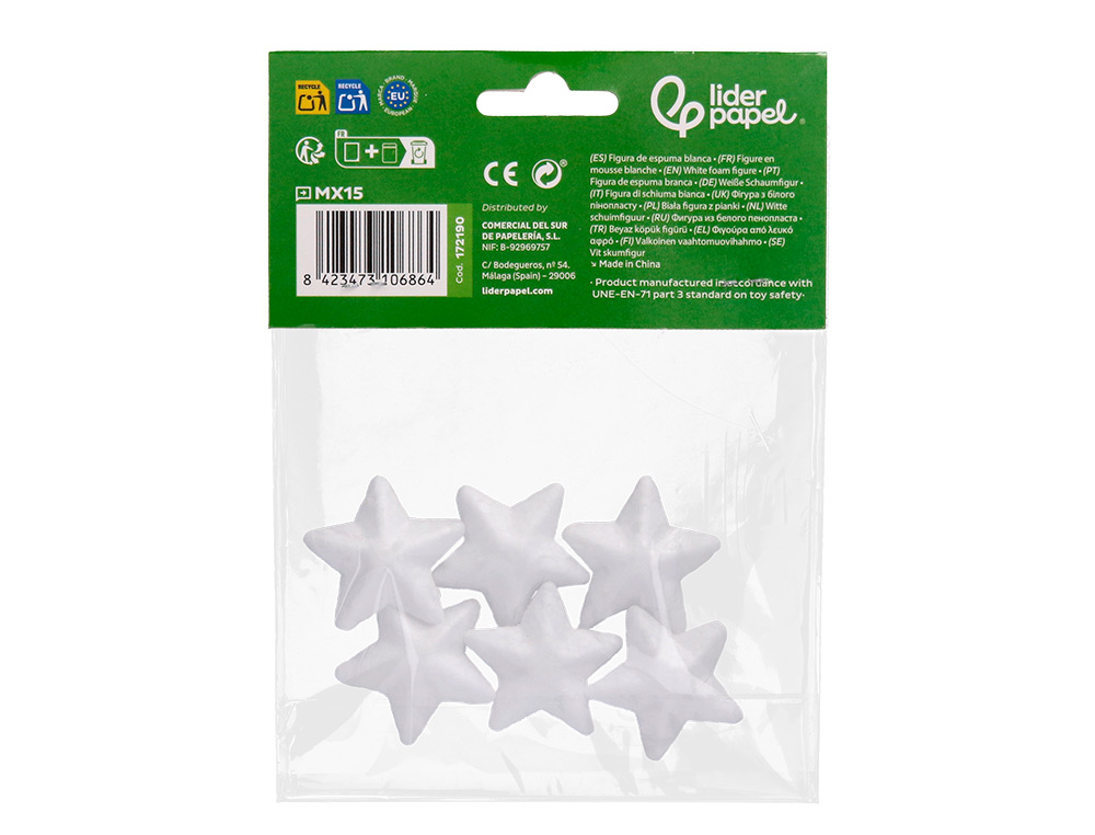 FORME LIDERPAPEL MOUSSE POLYSTYRENE ETOILES 4CM       COLORIS BLANC SACHET 6 UNITES