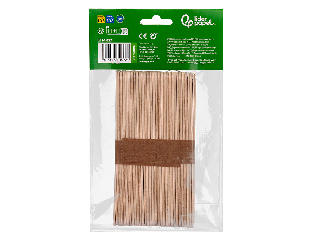 BATONNETS LIDERPAPEL BOIS DIM. 15X1,8CM COLORIS NATUREL SACHET 50 UNITES