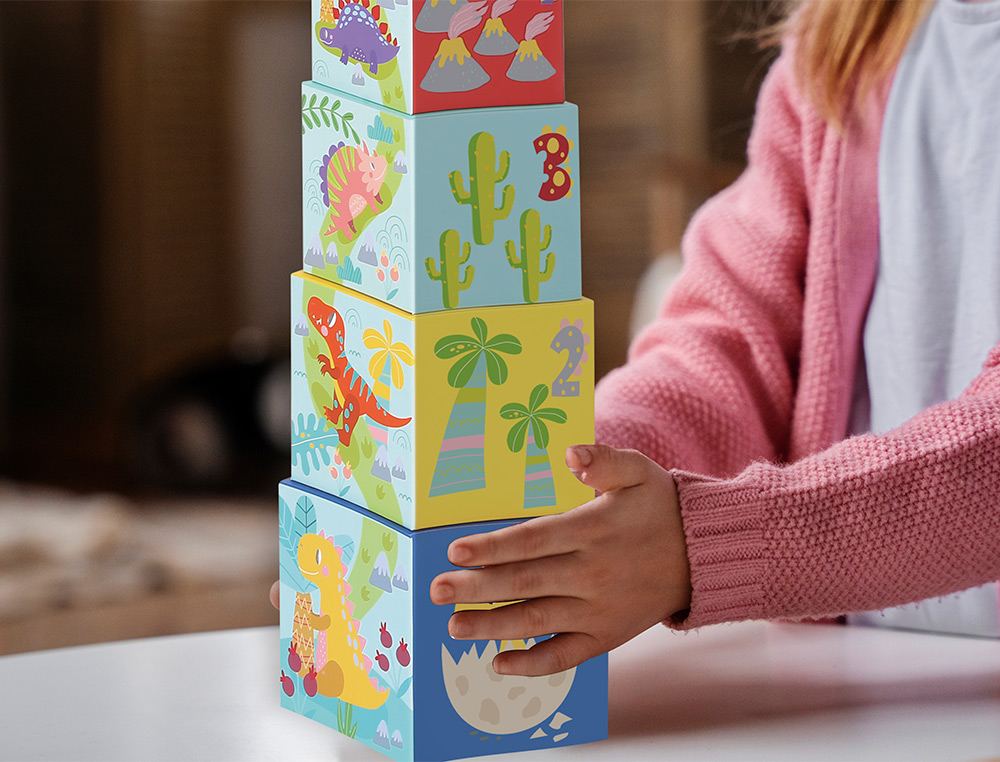 JEU ENFANT IMAGINOVO CUBES EMPILABLES ET NID DINOSAURES +12 MOIS 12 PIECES 13X13X13 CM