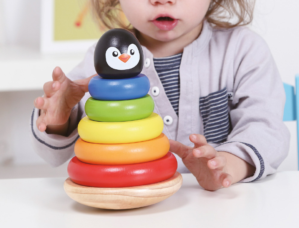 JEU ENFANT IMAGINOVO TOUR PINGOUIN FORMES EMPILABLES BOIS +12 MOIS 7 PIECES 18X12X12 CM