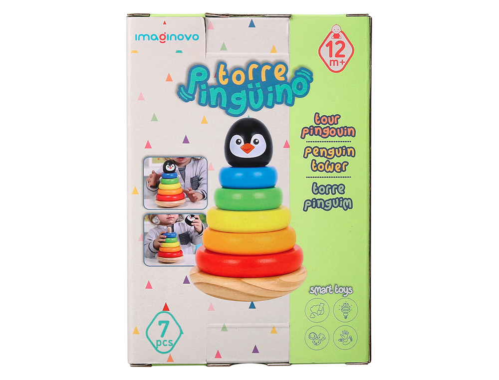 JEU ENFANT IMAGINOVO TOUR PINGOUIN FORMES EMPILABLES BOIS +12 MOIS 7 PIECES 18X12X12 CM