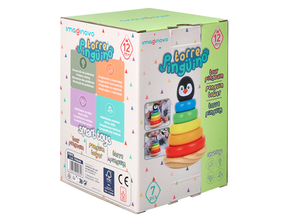 JEU ENFANT IMAGINOVO TOUR PINGOUIN FORMES EMPILABLES BOIS +12 MOIS 7 PIECES 18X12X12 CM