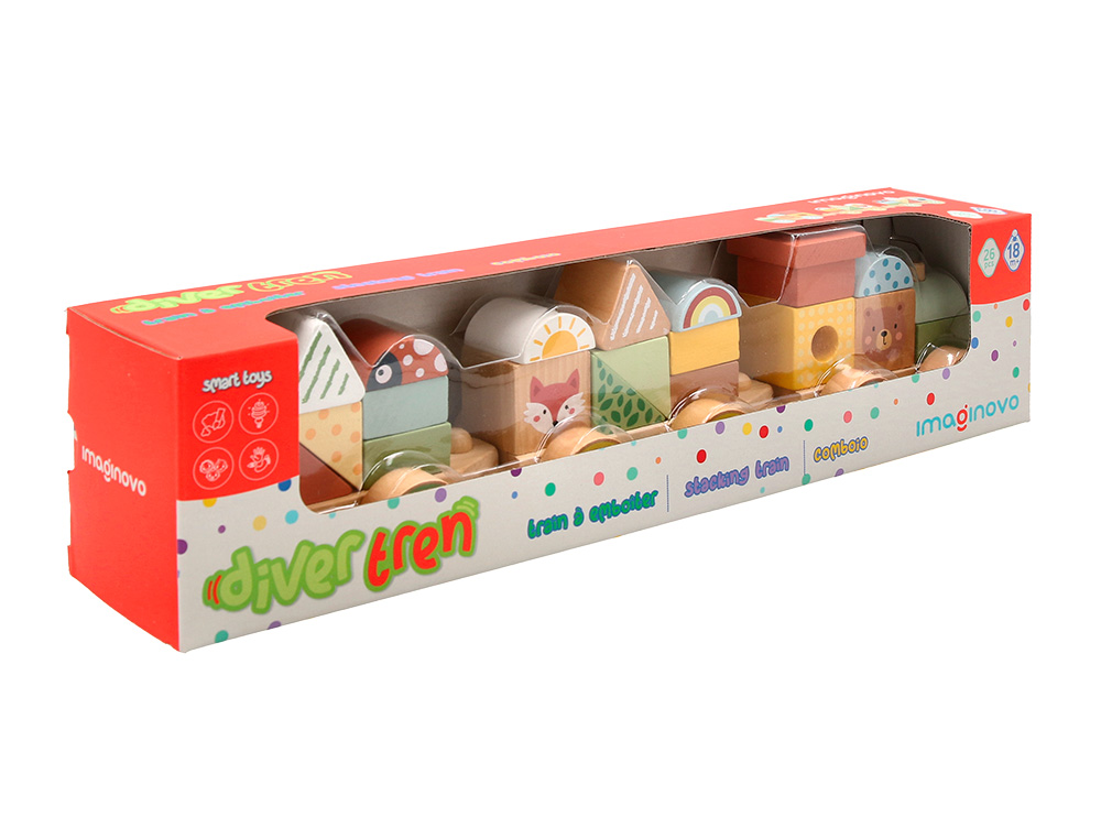 JEU ENFANT IMAGINOVO TRAIN FORMES EMPILABLES AVEC ROUES  BOIS +18 MOIS 38X9,5X7,5 CM