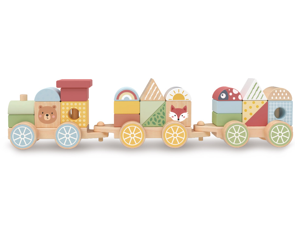 JEU ENFANT IMAGINOVO TRAIN FORMES EMPILABLES AVEC ROUES  BOIS +18 MOIS 38X9,5X7,5 CM