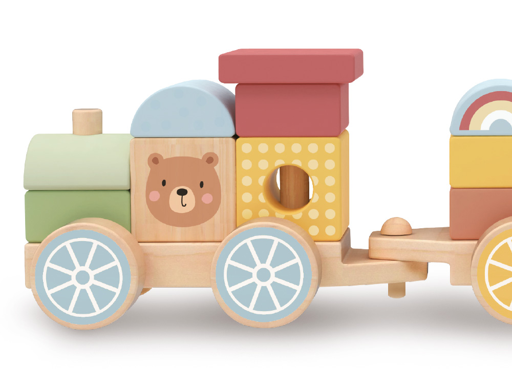 JEU ENFANT IMAGINOVO TRAIN FORMES EMPILABLES AVEC ROUES  BOIS +18 MOIS 38X9,5X7,5 CM
