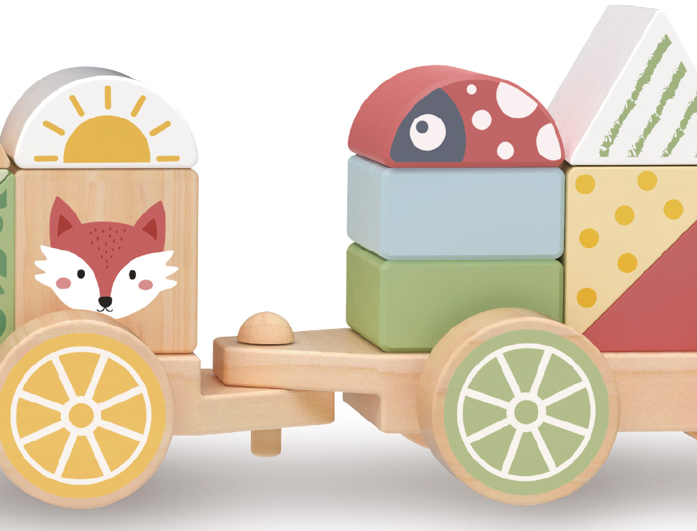 JEU ENFANT IMAGINOVO TRAIN FORMES EMPILABLES AVEC ROUES  BOIS +18 MOIS 38X9,5X7,5 CM