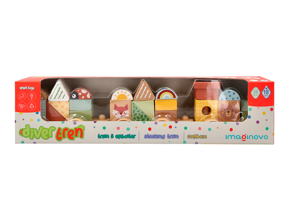 JEU ENFANT IMAGINOVO TRAIN FORMES EMPILABLES AVEC ROUES  BOIS +18 MOIS 38X9,5X7,5 CM