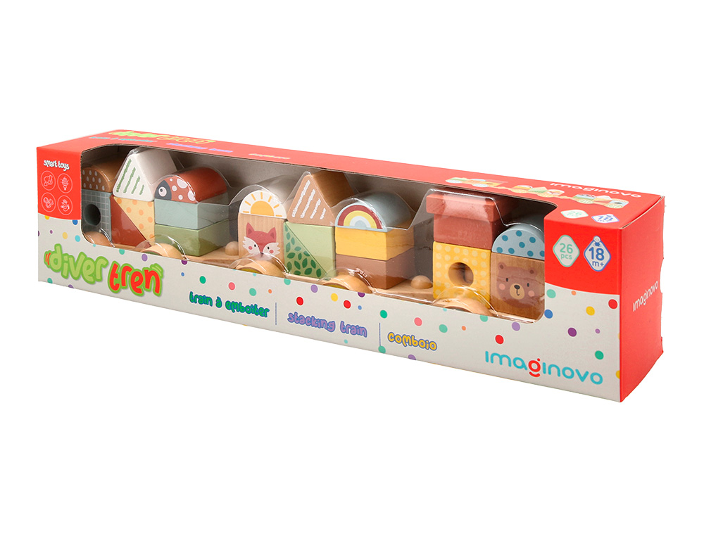 JEU ENFANT IMAGINOVO TRAIN FORMES EMPILABLES AVEC ROUES  BOIS +18 MOIS 38X9,5X7,5 CM