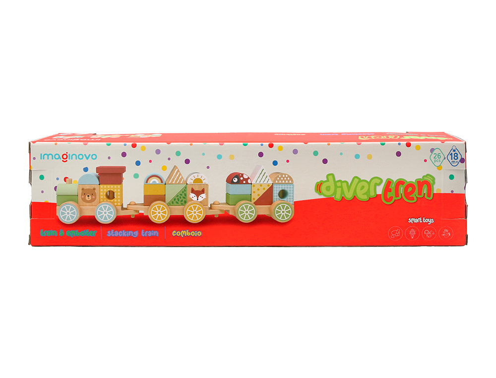 JEU ENFANT IMAGINOVO TRAIN FORMES EMPILABLES AVEC ROUES  BOIS +18 MOIS 38X9,5X7,5 CM