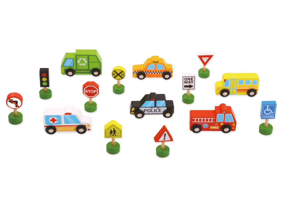 JEU ENFANT IMAGINOVO VEHICULES ET PANNEAUX SIGNALISATION BOIS +3 ANS 16 PIECES 30X22X4 CM