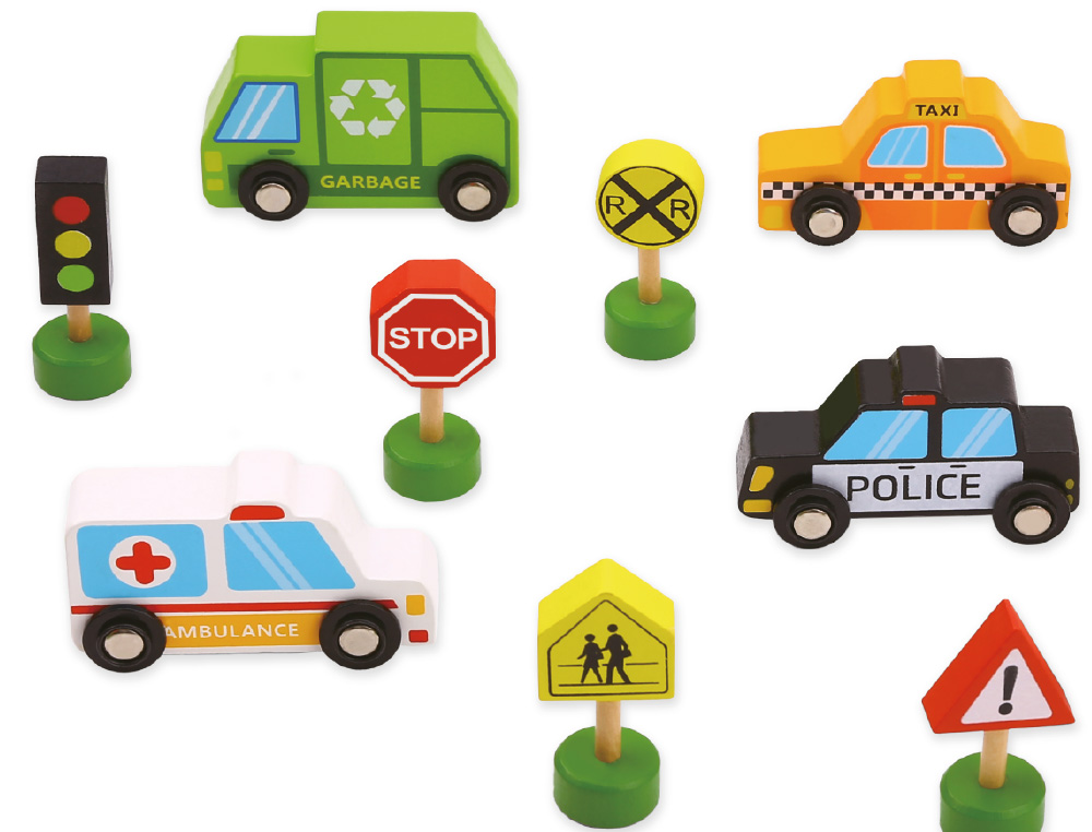 JEU ENFANT IMAGINOVO VEHICULES ET PANNEAUX SIGNALISATION BOIS +3 ANS 16 PIECES 30X22X4 CM