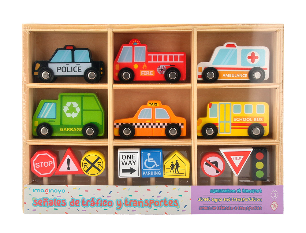 JEU ENFANT IMAGINOVO VEHICULES ET PANNEAUX SIGNALISATION BOIS +3 ANS 16 PIECES 30X22X4 CM