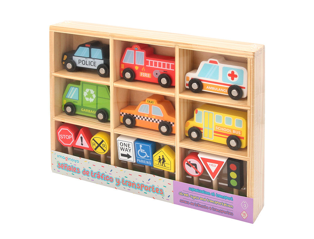 JEU ENFANT IMAGINOVO VEHICULES ET PANNEAUX SIGNALISATION BOIS +3 ANS 16 PIECES 30X22X4 CM