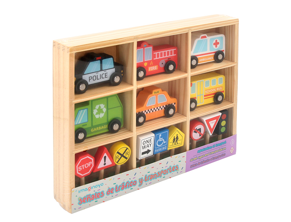JEU ENFANT IMAGINOVO VEHICULES ET PANNEAUX SIGNALISATION BOIS +3 ANS 16 PIECES 30X22X4 CM