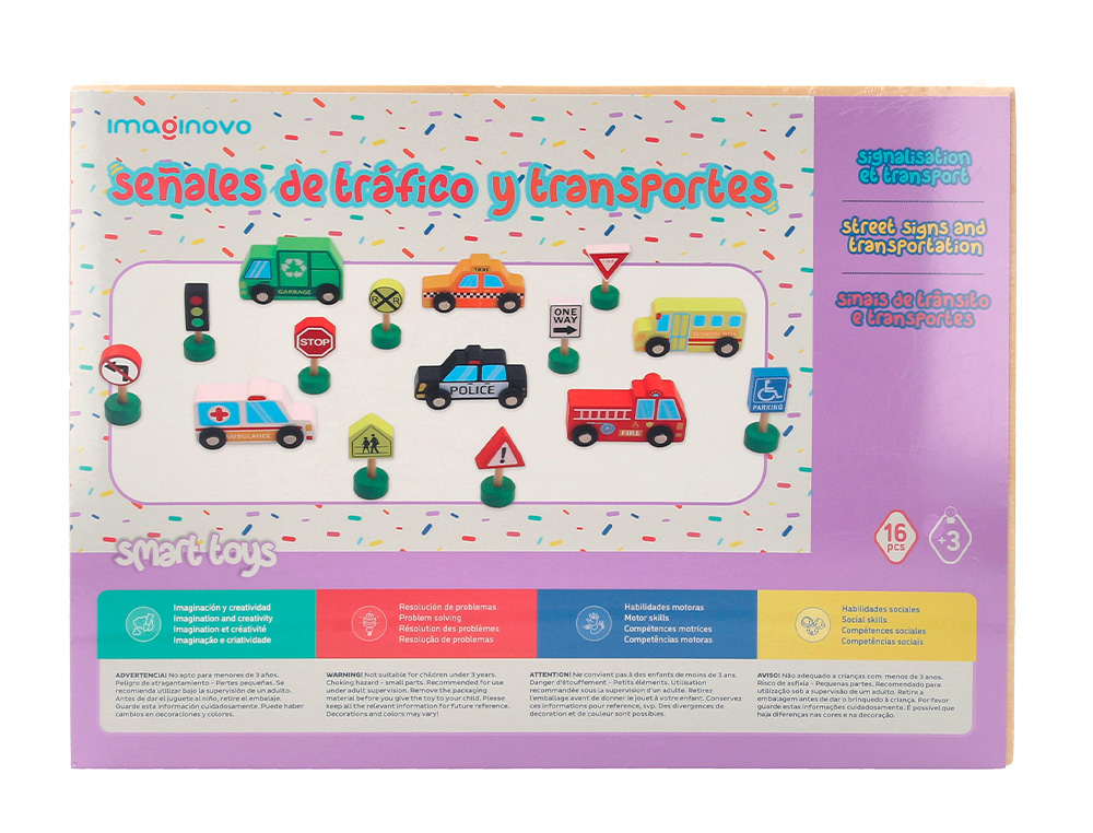 JEU ENFANT IMAGINOVO VEHICULES ET PANNEAUX SIGNALISATION BOIS +3 ANS 16 PIECES 30X22X4 CM