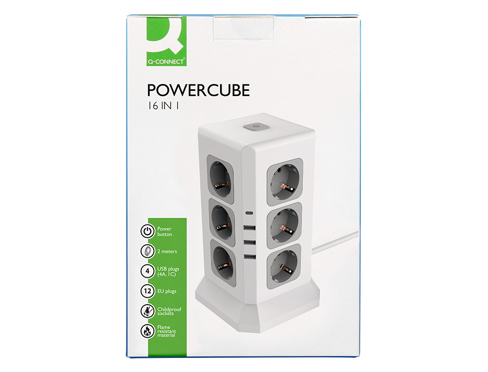 MULTIPRISE Q-CONNECT 16 EN 1 CABLE 2M 12 PRISES COURANT 3  PORTS USB 1 PORT USB-C        120X120X210 MM
