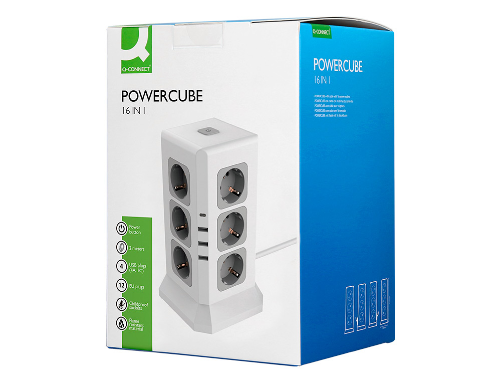 MULTIPRISE Q-CONNECT 16 EN 1 CABLE 2M 12 PRISES COURANT 3  PORTS USB 1 PORT USB-C        120X120X210 MM