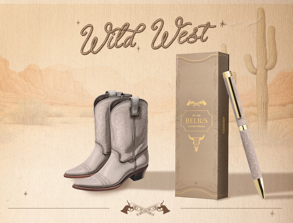 STYLO-BILLE BELIUS WILD WEST ALUMINIUM ENCRE BLEUE         ATTRIBUTS DORES COLORIS BEIGE COFFRET DESIGN