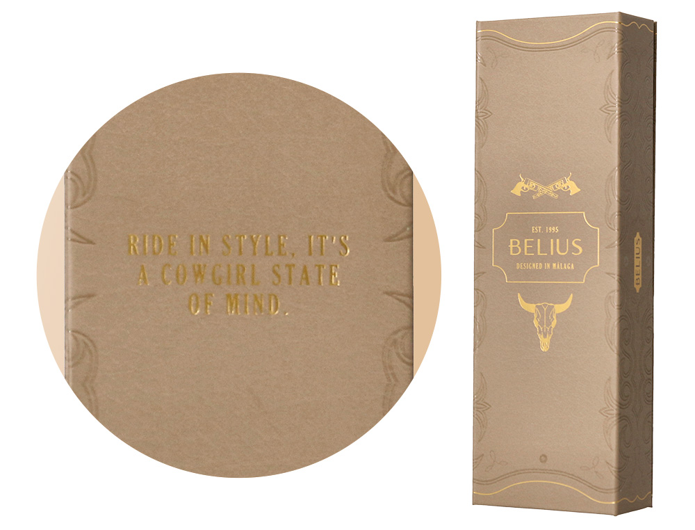 STYLO-BILLE BELIUS WILD WEST ALUMINIUM ENCRE BLEUE         ATTRIBUTS DORES COLORIS BEIGE COFFRET DESIGN