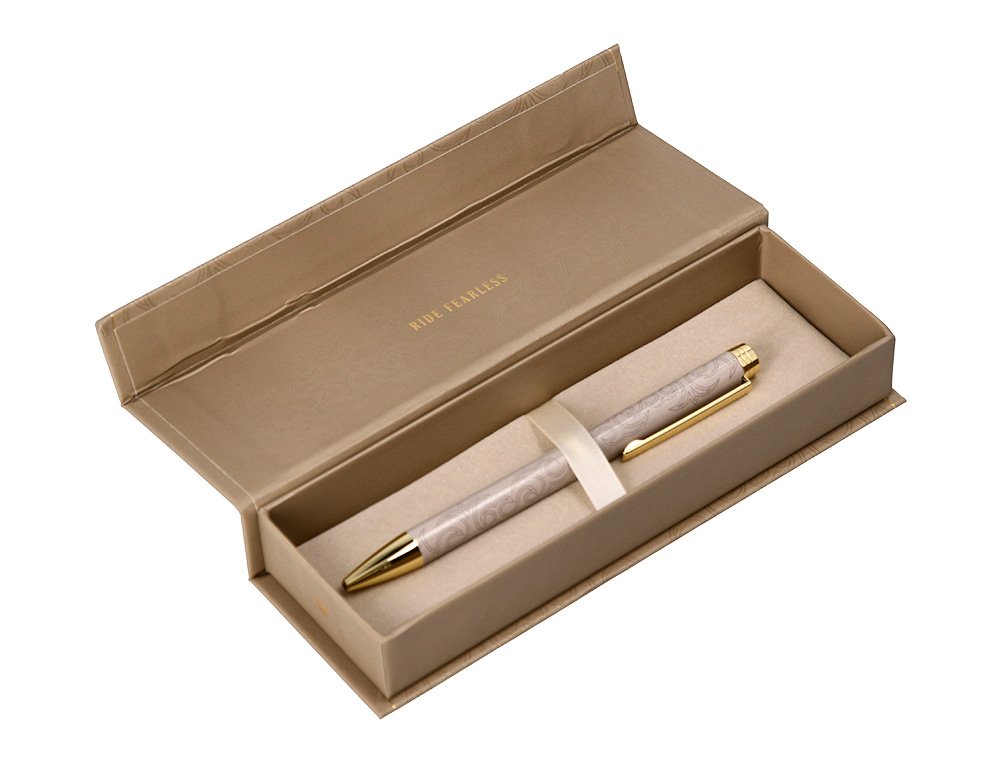 STYLO-BILLE BELIUS WILD WEST ALUMINIUM ENCRE BLEUE         ATTRIBUTS DORES COLORIS BEIGE COFFRET DESIGN