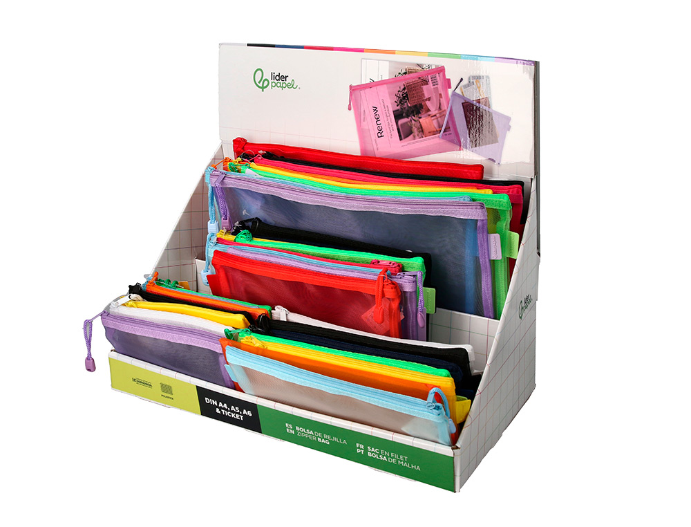PRESENTOIR LIDERPAPEL POCHETTE ZIP MULTIUSAGE TAILLES ET COLORIS ASSORTIS 40 UNITES