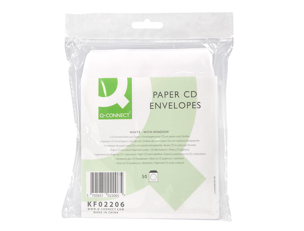 POCHETTE CD/DVD Q-CONNECT PAPIER FENÊTRE RABAT AUTO-ADHÉSIF COLORIS BLANC PAQUET 50 UNITÉS