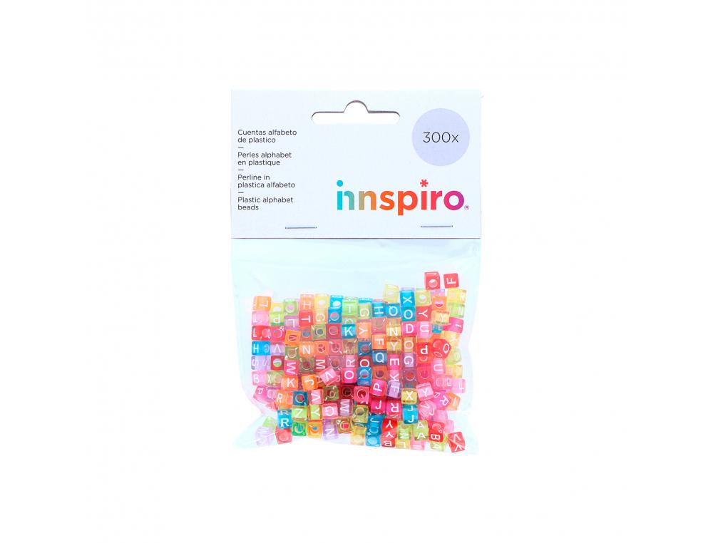 PERLE PLASTIQUE INNSPIRO FORME CARREE 6MM IMPRIMEE     ALPHABET BLANC COLORIS        TRANSPARENTS PASTELS ASSORTIS