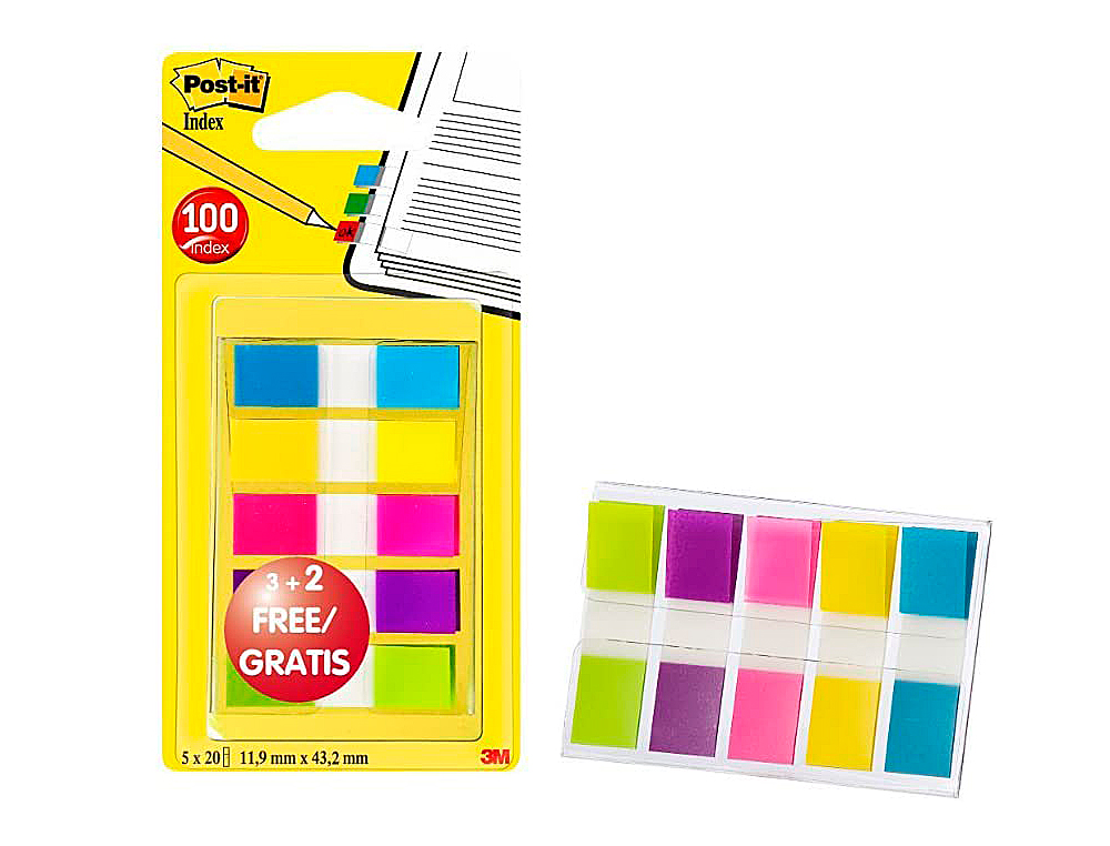 MARQUE-PAGES POST-IT MINI INDEX TROIT 12X44MM SET 5 PAQUETS 20 UNITS COLORIS BLEU JAUNE ROUGE VERT VIOLET