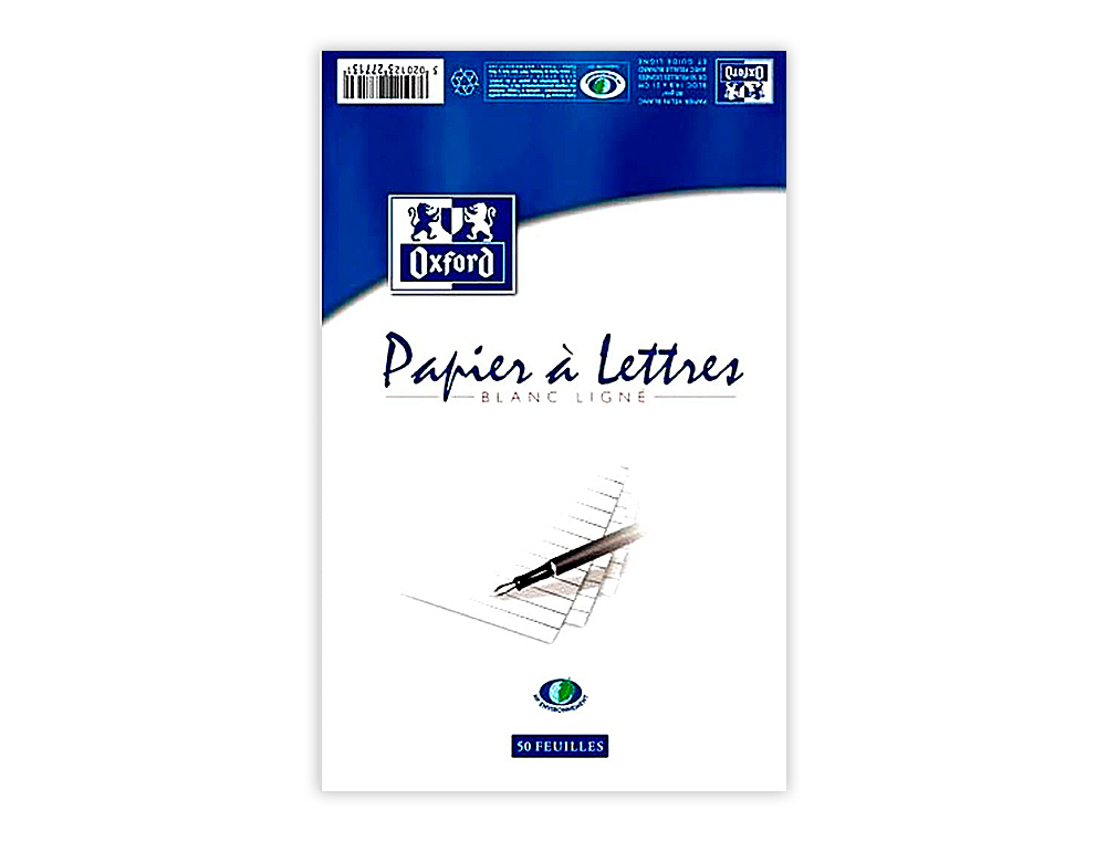 BLOC CORRESPONDANCE OXFORD PAPIER VLIN SUPRIEUR 80G/M2 A4 210X297MM TRAVERS BUVARD ET GUIDE LIGNE 50 FEUILLES
