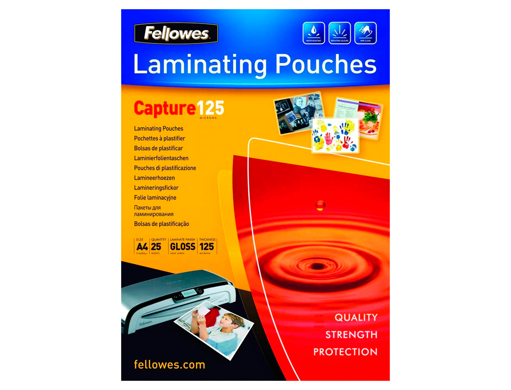 POCHETTE PLASTIFICATION FELLOWES  CHAUD POLYESTER TRANSPARENT RSISTANT EAU FORMAT A4 125 MICRONS BOTE 25 UNITS