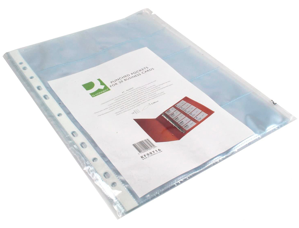 POCHETTE Q-CONNECT POLYPROPYLENE A4 LISSE 8/100E POUR CARTESDE VISITE CAPACITE 200 CARTES SACHET DE 10 U