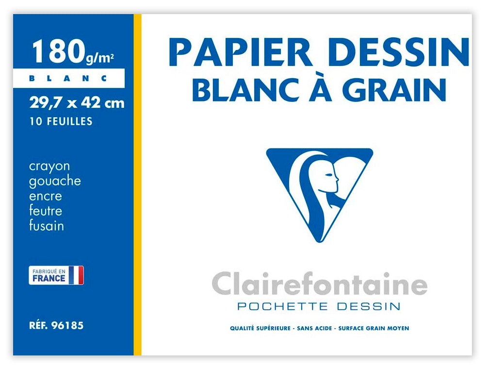 PAPIER DESSIN CLAIREFONTAINE GRAIN LÉGER PRONONCÉ SANS ACIDE BLANCHEUR NATURELLE 180G A3 POCHETTE 10F