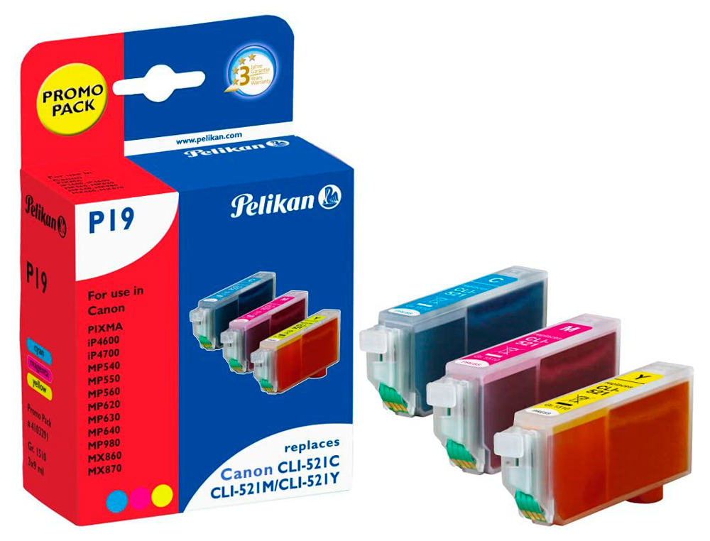 CARTOUCHE PELIKAN JET D'ENCRE COMPATIBLE IMPRIMANTES CANON CLI521 ENCRE 3 COULEURS CYAN MAGENTA JAUNE