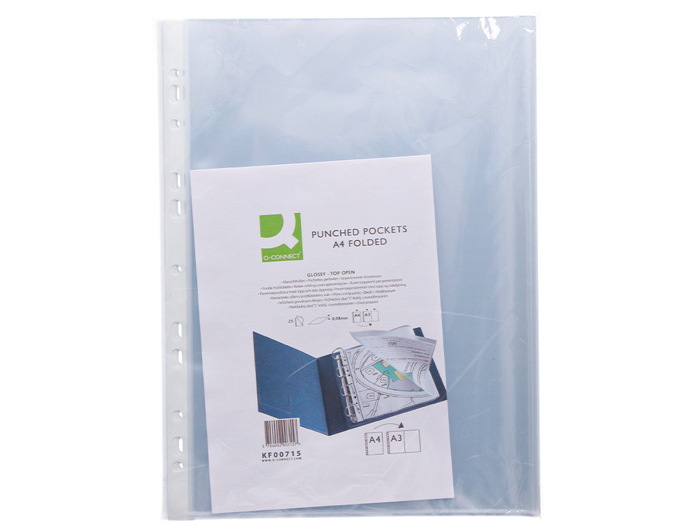POCHETTE Q-CONNECT POLYPROPYLNE 8/100E PERFORE OUVERTURE ANGLE ANTISTATIQUE A4 210X297MM SACHET 25 UNITS