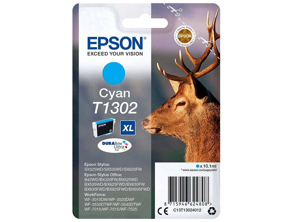 CARTOUCHE EPSON T1302 JET D'ENCRE C13T13024010 COULEUR CYAN 800P
